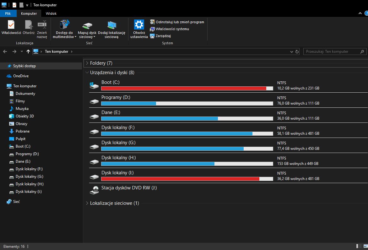 Dyski twarde i widok „Zawartość” – w porównaniu do jasnego motywu czytelność jest średnia. Winny jest zbyt duży kontrast pomiędzy większością elementów.