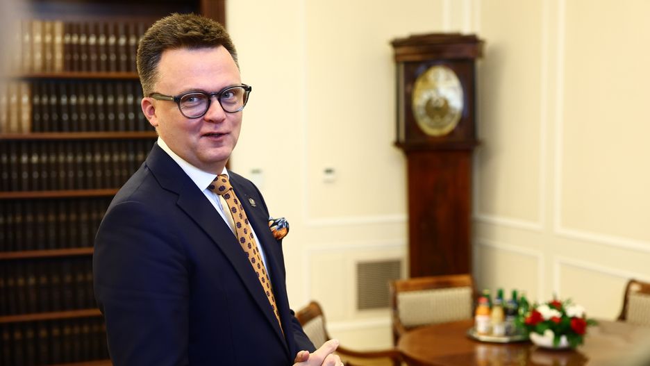Marshal of the Sejm Szymon Holownia before his meeting with President of Switzerland Viola Amherd at Polish Parliament in Warsaw Poland on October 18, 2024. (Photo by Jakub Porzycki/NurPhoto via Getty Images)