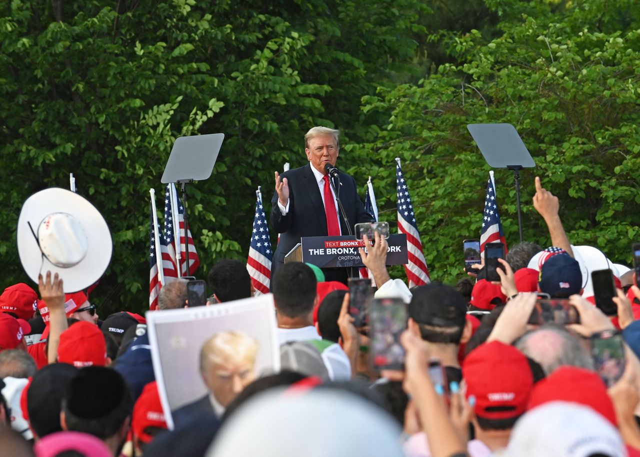 NEW YORK, NY - MAY 23:  Donald Trump is seen at a rally in support of his 2024 presidential campaign at Crotona Park on May 23, 2024 in the Bronx borough of New York City.  (Photo by Andrea Renault/Star Max/GC Images)