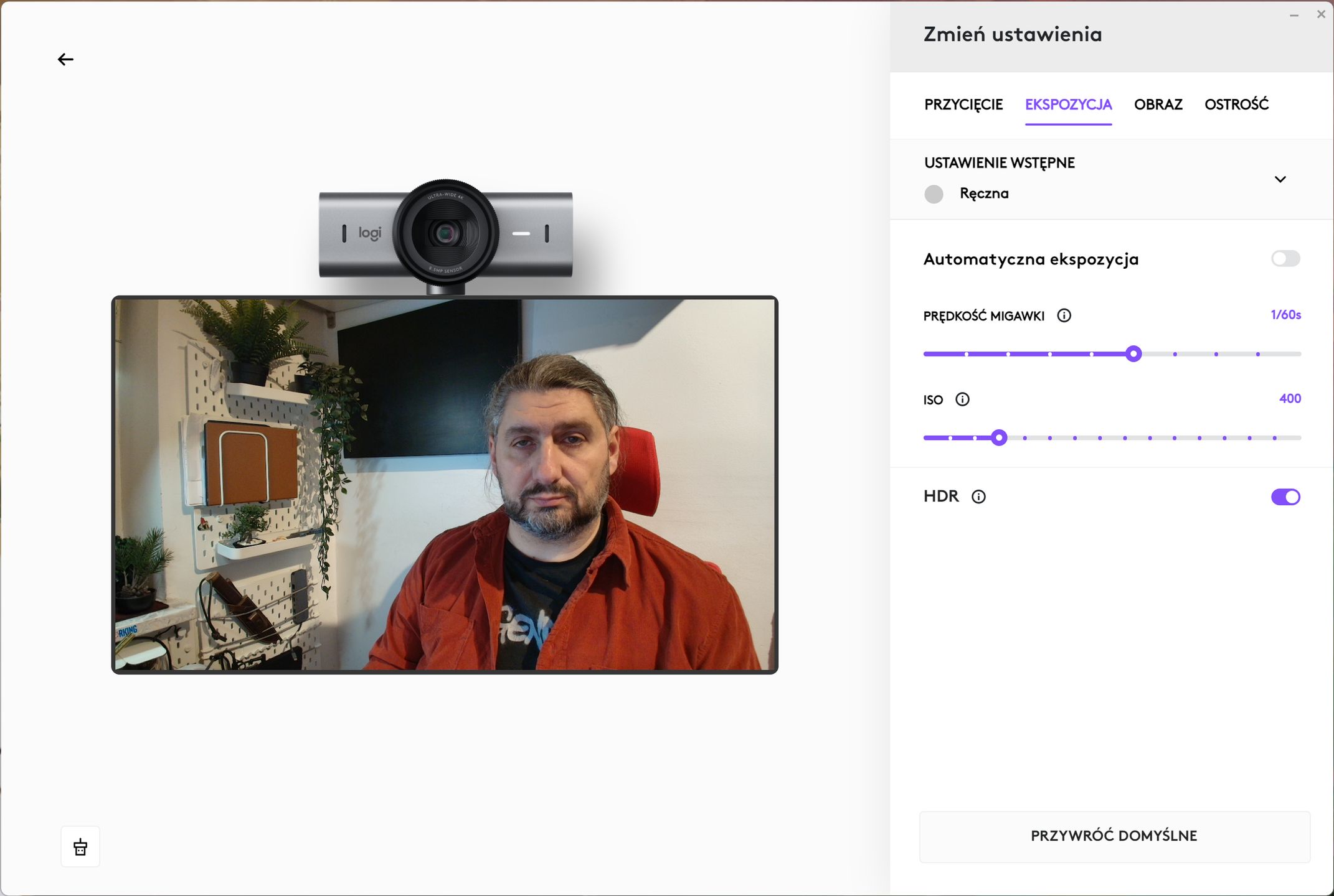 Oprogramowanie Logitech MX Brio, regulacja ekspozycji