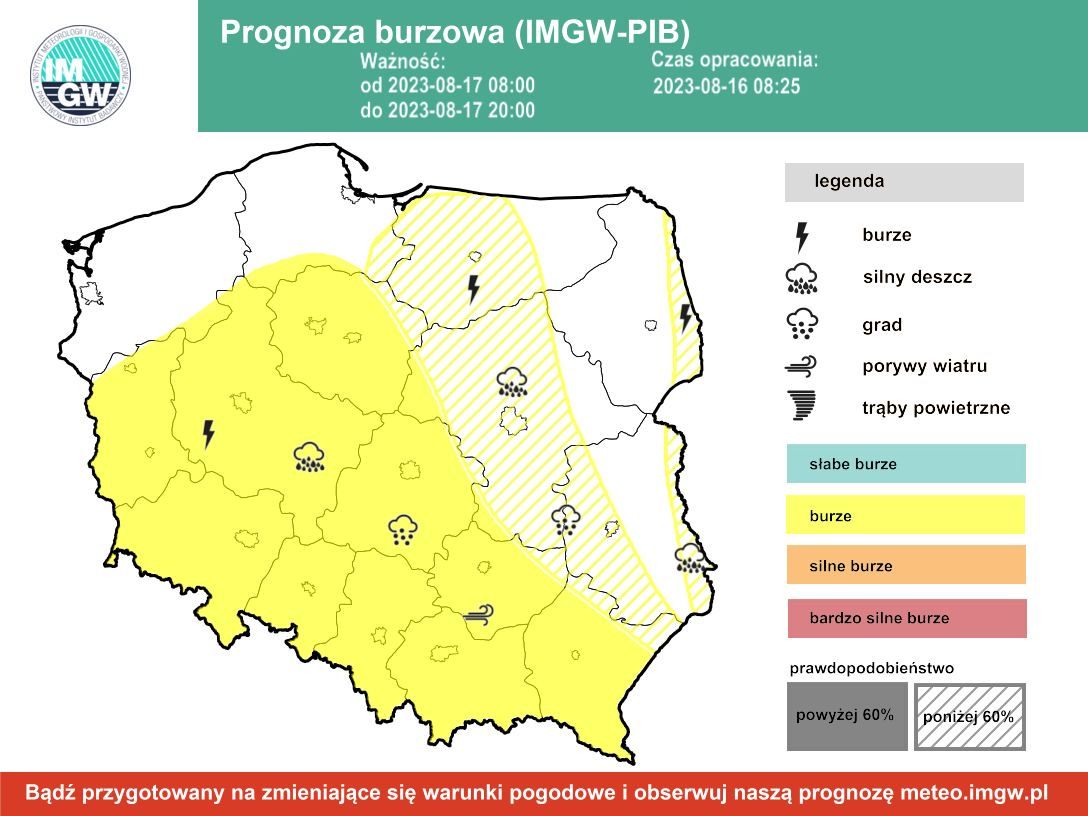 Prognoza burzowa IMGW na czwartek, 17 sierpnia