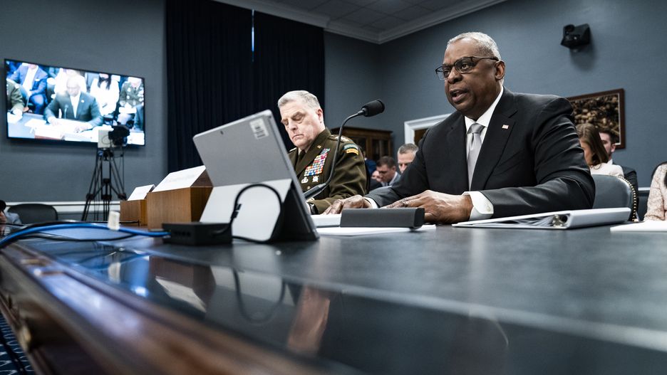 Washington, DC - May 11 : Chairman of the Joint Chiefs of Staff Gen. Mark Milley and Secretary of Defense Lloyd Austin testify during a House Committee on Appropriations Subcommittee on Defense hearing to discuss the Fiscal Year 2023 Department of Defense budget on Capitol Hill on Wednesday, May 11, 2022 in Washington, DC. (Photo by Jabin Botsford/The Washington Post via Getty Images)