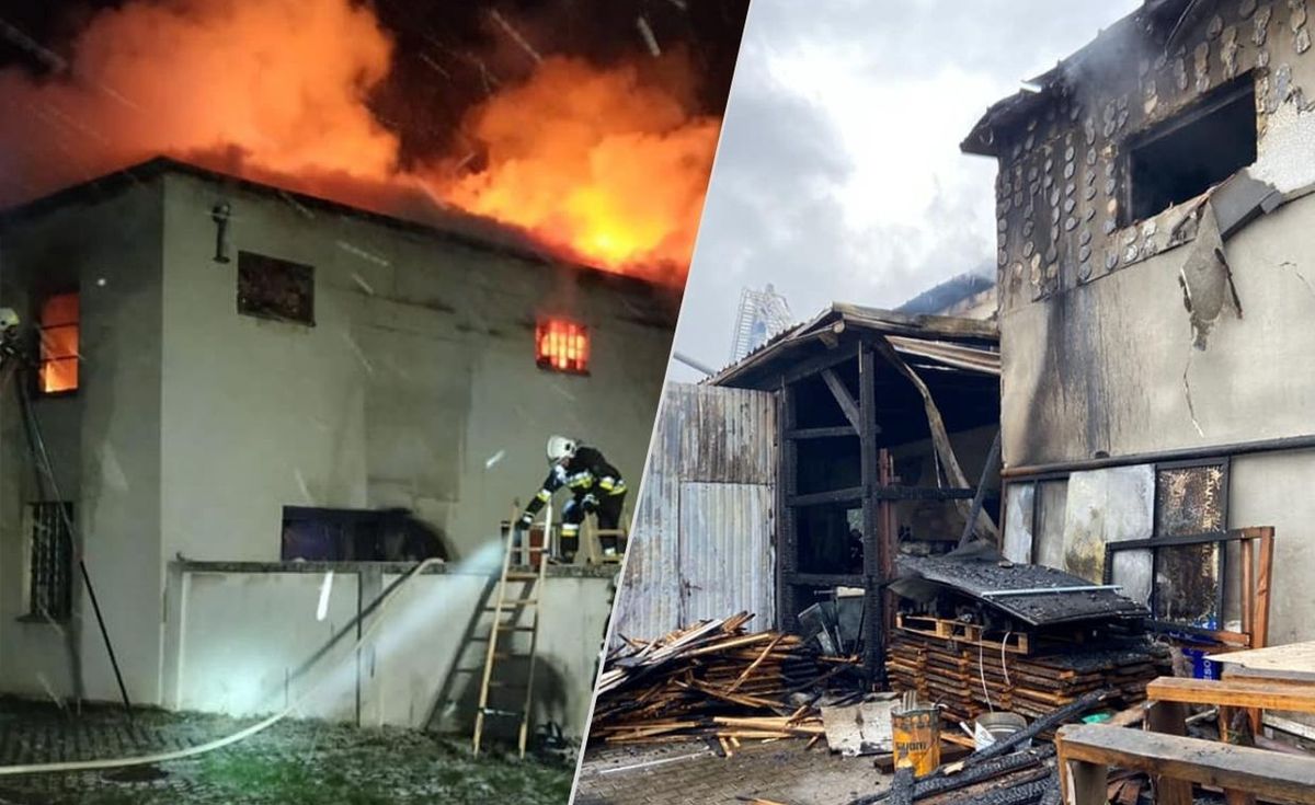 Pożar stolarni w Lisowie w kwietniu 2021 roku fot. Ochotnicza Straż Pożarna w Chwostku