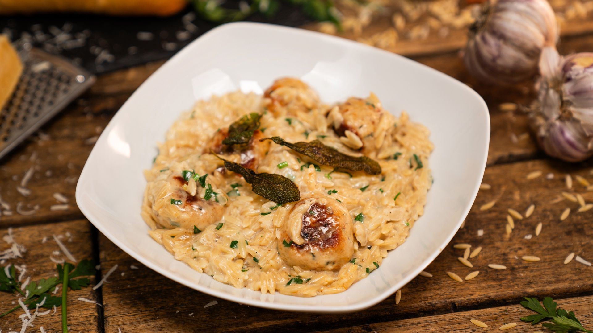 Makaron orzo z pieczonym klopsikami