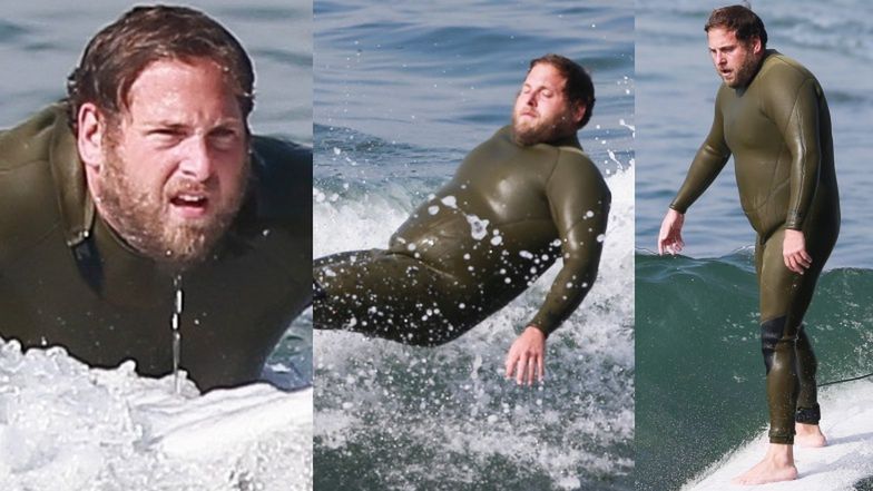 Jonah Hill surfuje na plaży w Malibu