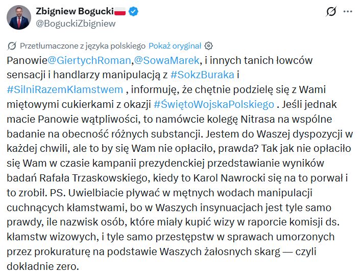 Post na platformie X Zbigniewa Boguckiego