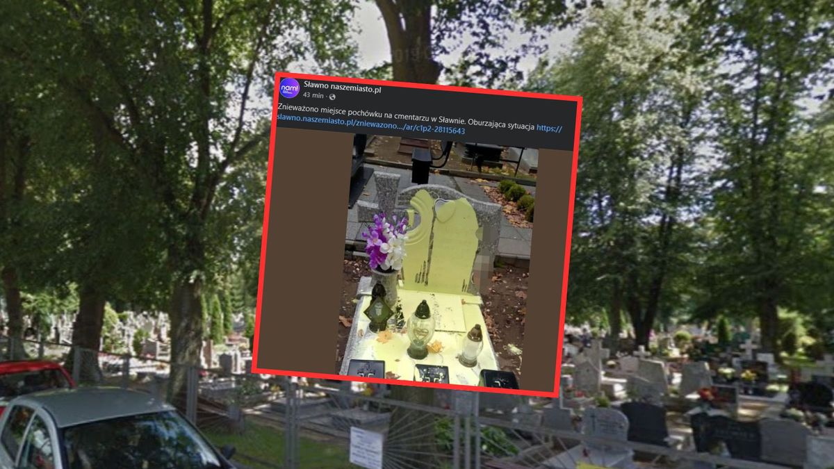 Grób oblany farbą w Sławnie