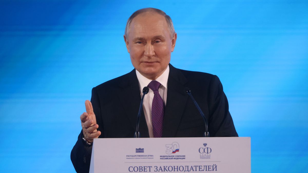 MOSCOW, RUSSIA - DECEMBER 20: (RUSSIA OUT) Russian President Vladimir Putin gestures during his speech at the Council of Lawmakers on December 20, 2023, in Moscow, Russia. Putin visited the Council of Legislators, an annual event, hosted by Russia's State Duma and Council of the Federation. (Photo by Contributor/Getty Images)