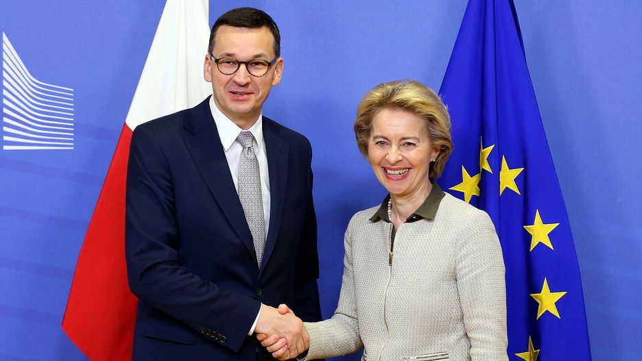 BRUSSELS, BELGIUM - FEBRUARY 06: Poland's Prime Minister Mateusz Morawiecki (L) meets European Commission President Ursula Von der Leyen (R) in Brussels, Belgium on February 06, 2020. (Photo by Dursun Aydemir/Anadolu Agency via Getty Images)