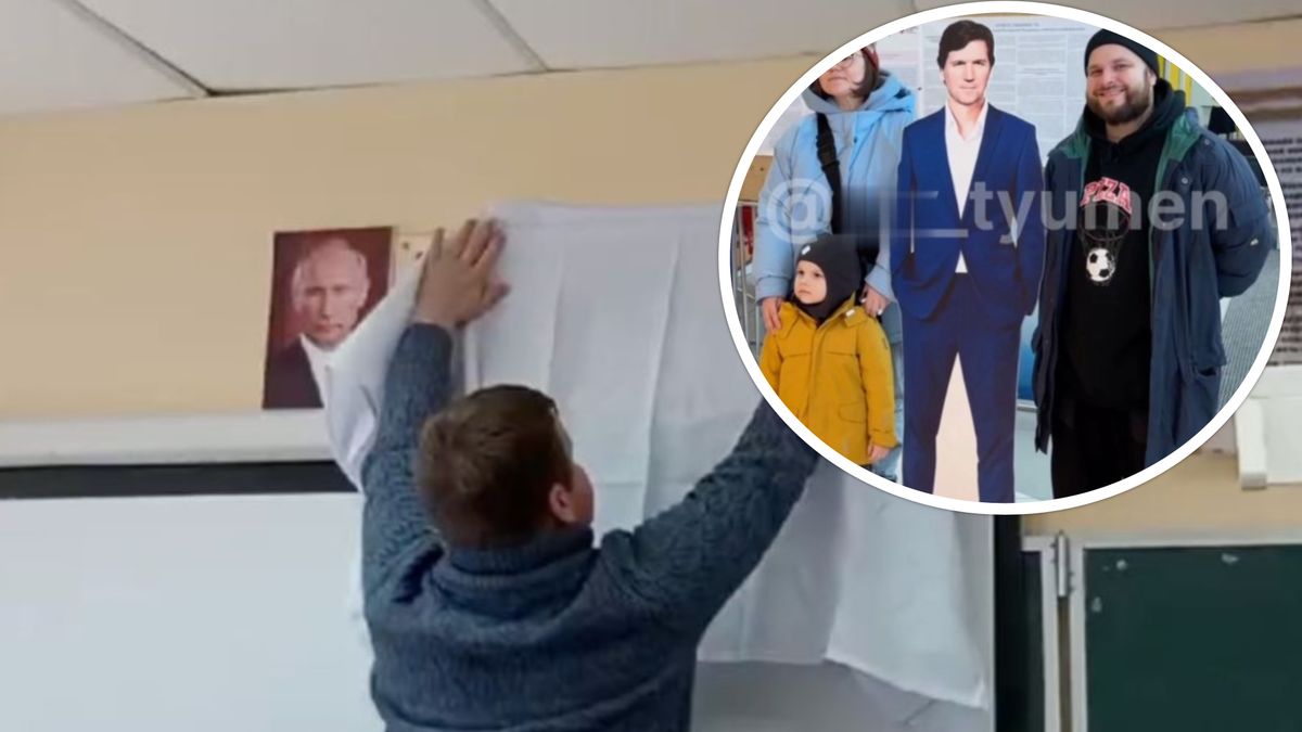 Kartonowy Tucker Carlson i portret Putina - oto wybory w Rosji
