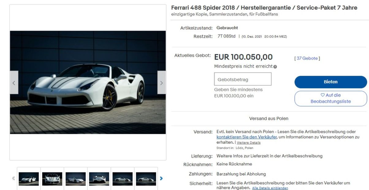 Ogłoszenie licytacji ferrari Roberta Lewandowskiego