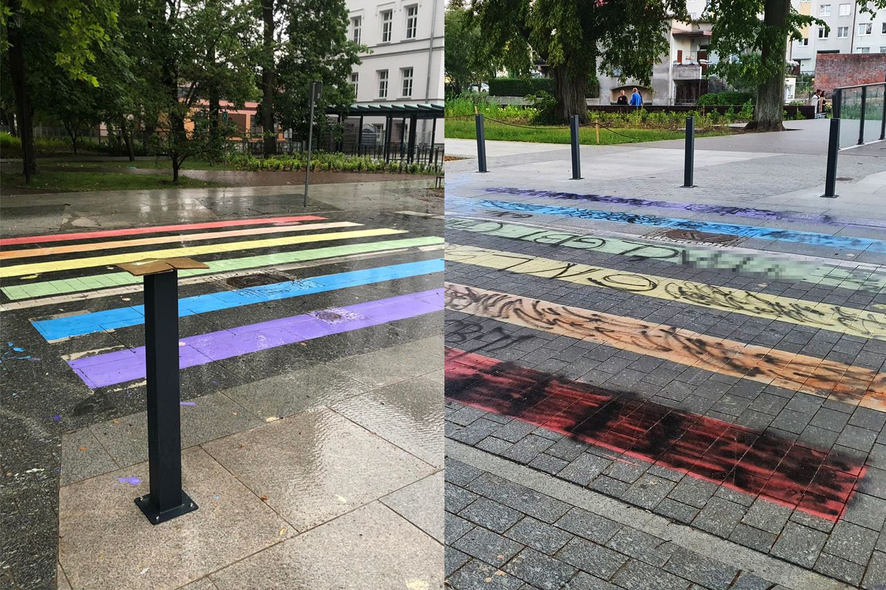 Po lewej stronie oryginalna tęcza (fot. Cepelin Books), po prawej zniszczona (fot. Obserwator Słupsk).