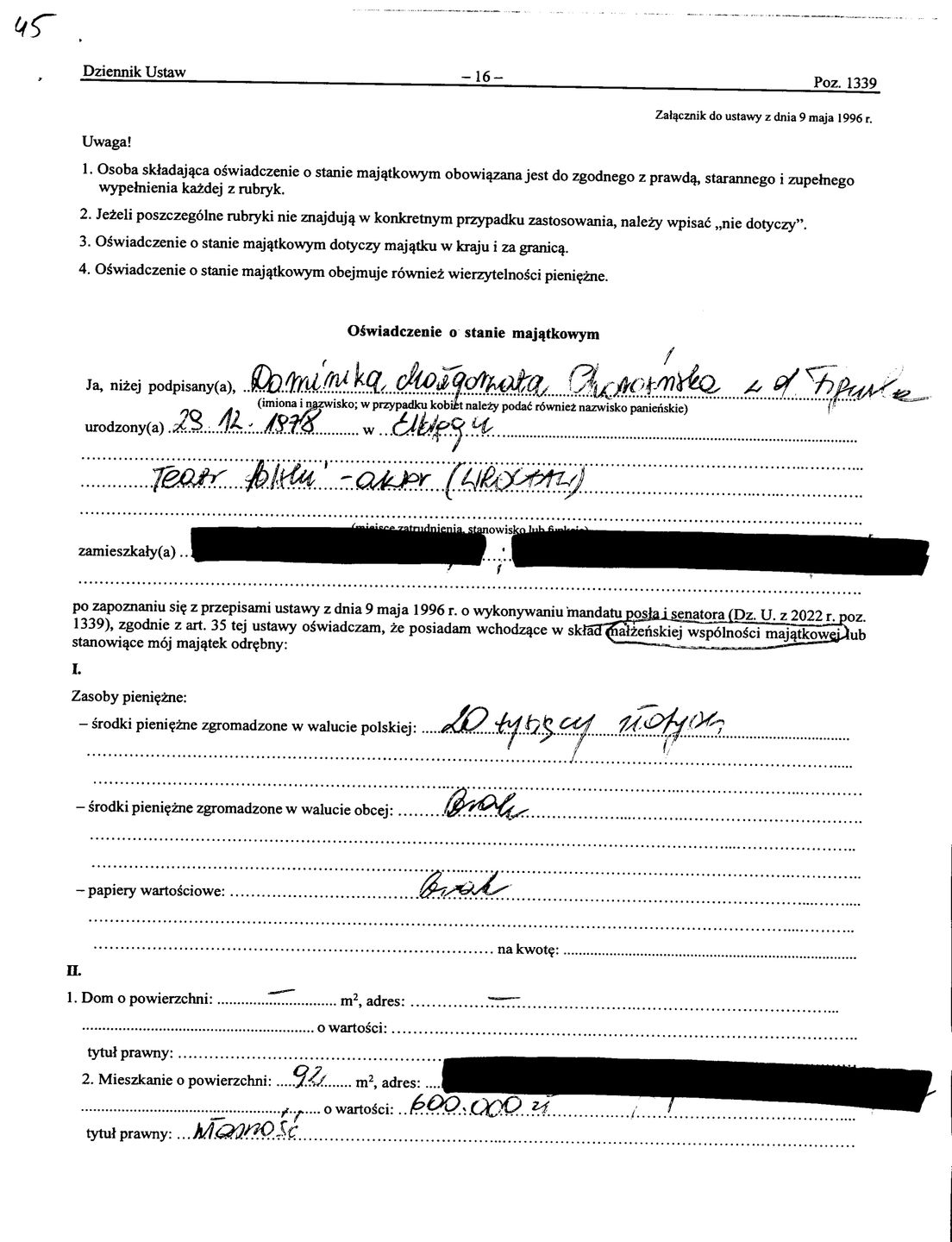 Fragment oświadczenia majątkowego Dominiki Chorosińskiej