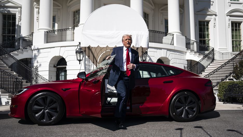 Washington, DC - March 11 : President Donald J Trump and Tesla CEO Elon Musk get into a model S while looking at various models of Teslas on the South Lawn at the White House on Tuesday, March 11, 2025 in Washington, DC. (Photo by Jabin Botsford/The Washington Post via Getty Images)