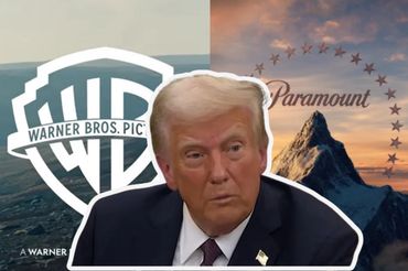 Donald Trump na tle logo wytwórni Warner Bros. i Paramount