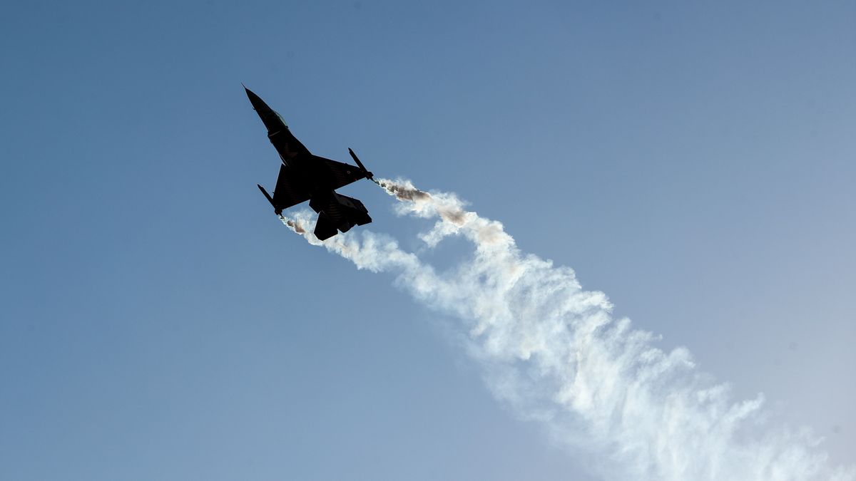 ANKARA, TURKEY - 2023/08/30: An F-16 type aircraft of the "SoloTurk" aerobatic team of the Turkish Air Force performs a demonstration flight at the Teknofest 2023. Teknofest Aviation, Space and Technology Festival is an aviation, technology, and space technology festival held in Turkey. The 8th Teknofest was held at Etimesgut Military Airport in Ankara. (Photo by Tunahan Turhan/SOPA Images/LightRocket via Getty Images)