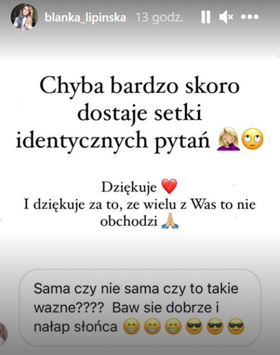Blanka Lipińska nie chce powiedzieć, czy jest sama na wakacjach