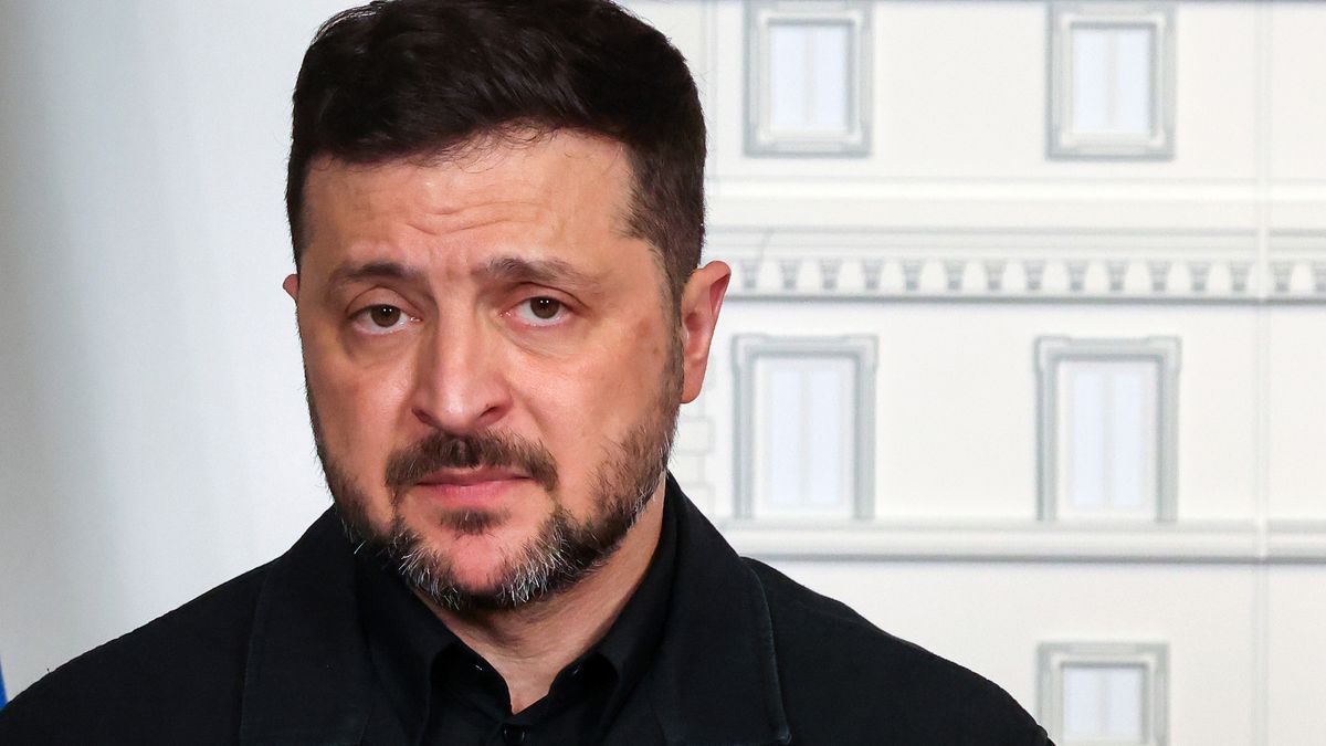 Volodymyr Zelenskiy, Ukraine's president, during a news conference with Giorgia Meloni, Italy's prime minister, not pictured, at the Chigi Palace in Rome, Italy, on Wednesday, April 15, 2026. Meloni said Italy wants to explore joint drone production with Ukraine, after the Iran war gave Zelenskiy an opportunity to demonstrate his country's know-how to other nations. Photographer: Alessia Pierdomenico/Bloomberg via Getty Images