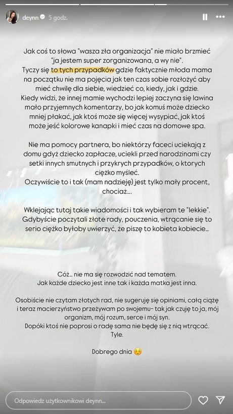 Deynn reaguje na komentarz internautki