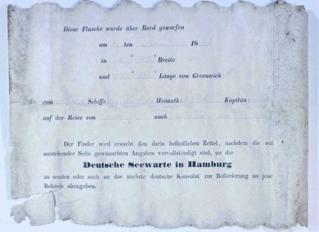 List w butelce z 1886 r. był formularzem w języku niemieckim.