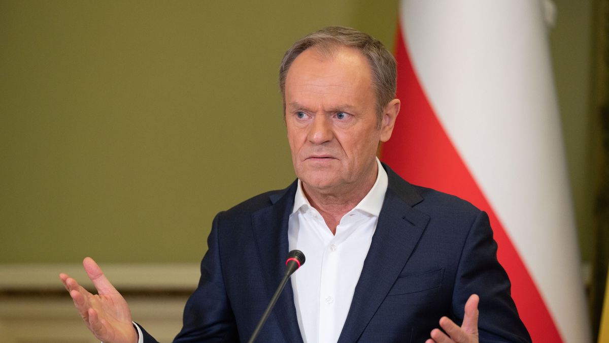 KYIV, UKRAINE - JANUARY 22: (----EDITORIAL USE ONLY - MANDATORY CREDIT - 'UKRAINIAN PRESIDENCY / HANDOUT' - NO MARKETING NO ADVERTISING CAMPAIGNS - DISTRIBUTED AS A SERVICE TO CLIENTS----) Ukrainian President Volodymyr Zelenskyy (not seen) and the Polish Prime Minister Donald Tusk speak during a joint press conference in Kyiv, Ukraine on January 22, 2024. (Photo by Ukrainian Presidency / Handout/Anadolu via Getty Images)