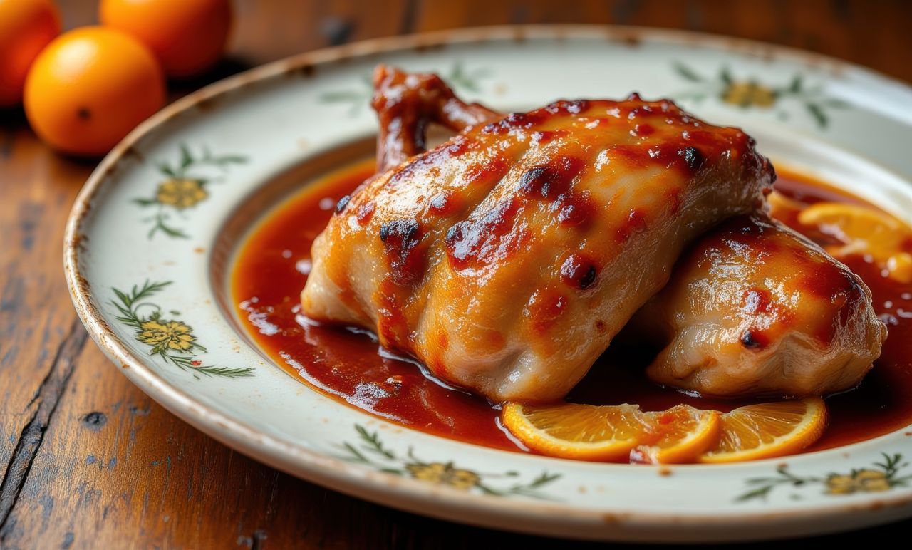 Chicken with oranges tastes exquisite.