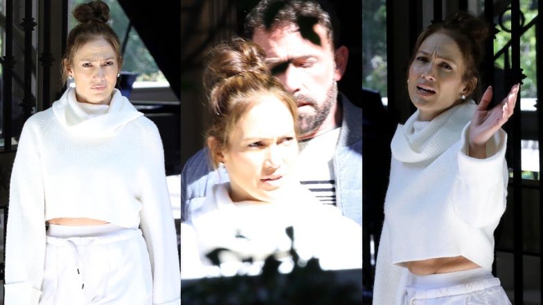 Naturalna Jennifer Lopez w białym dresie i z nietęgą miną ogląda dom na sprzedaż w towarzystwie męża (ZDJĘCIA)