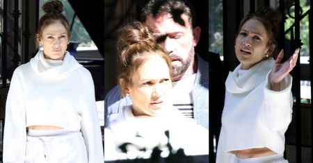 Naturalna Jennifer Lopez w białym dresie i z nietęgą miną ogląda dom na sprzedaż w towarzystwie męża (ZDJĘCIA)