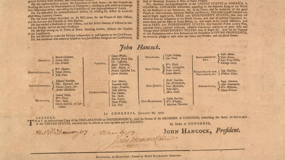 Fragment Deklaracji Niepodległości wydrukowanej przez Mary Katharine Goddard w styczniu 1777 roku.