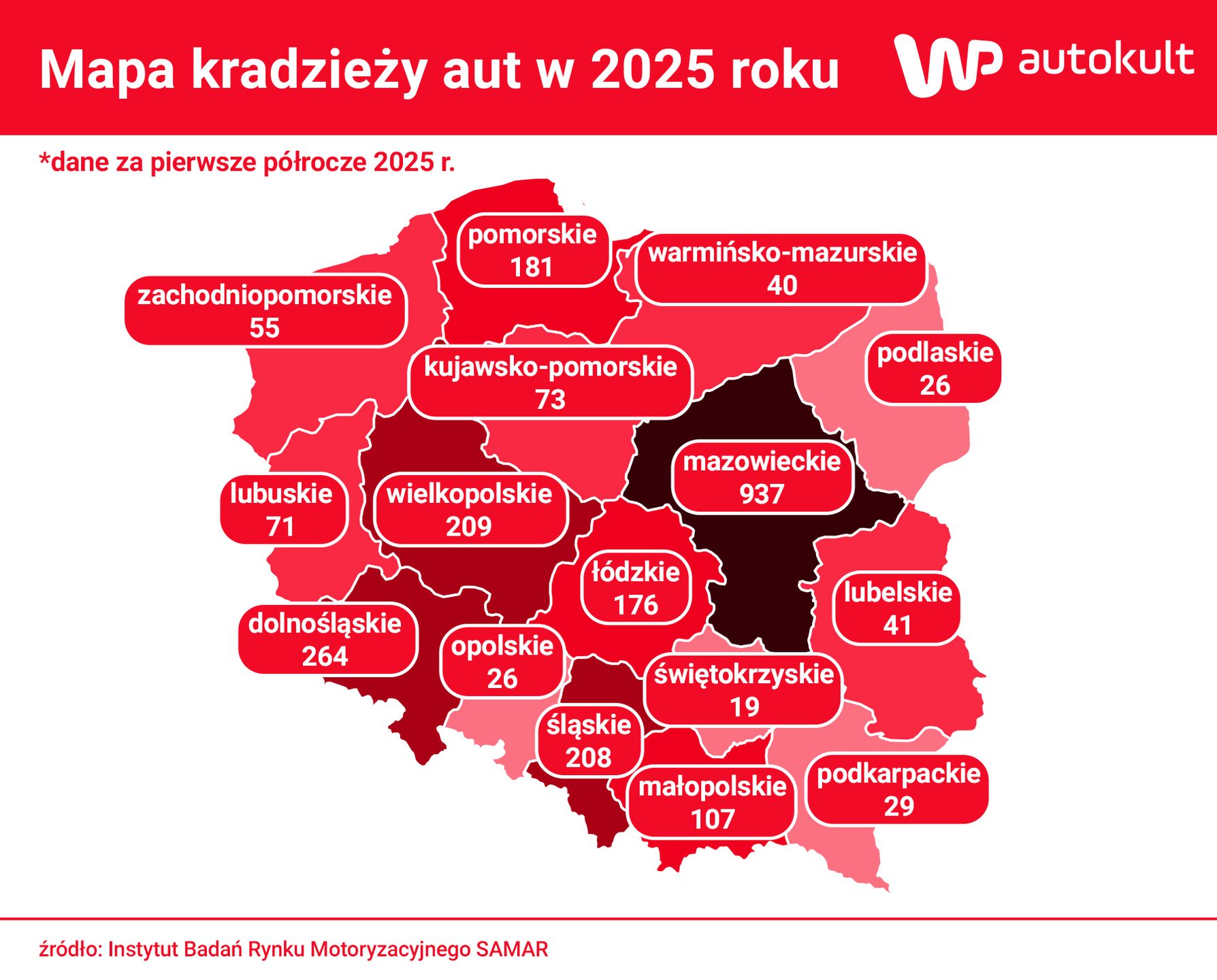Mapa kradzieży samochodów w Polsce