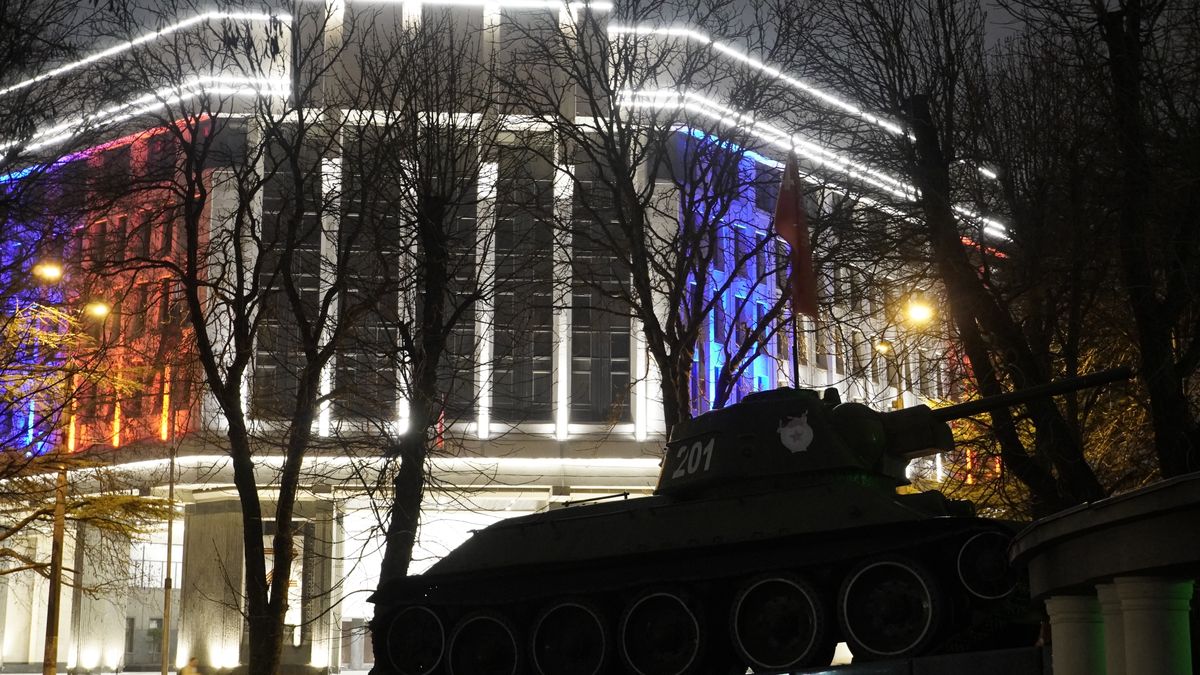 CRIMEA - MARCH 17: A view of a Building of the Supreme Council of Crimea at night in Simferopol, Crimea on March 17, 2023. (Photo by Vladimir Aleksandrov/Anadolu Agency via Getty Images)