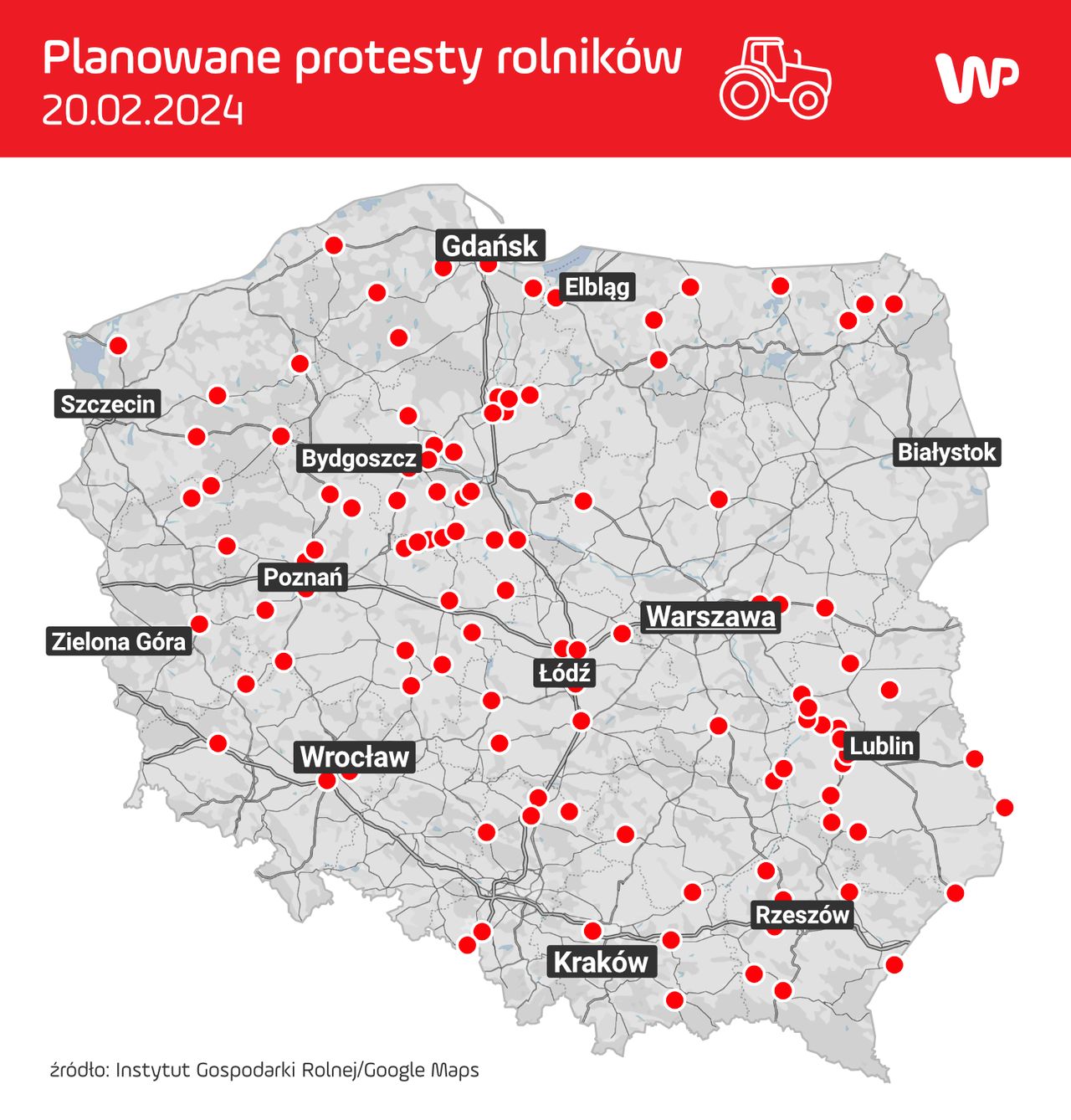 Strajk rolników - mapa protestów planowanych na 20 lutego