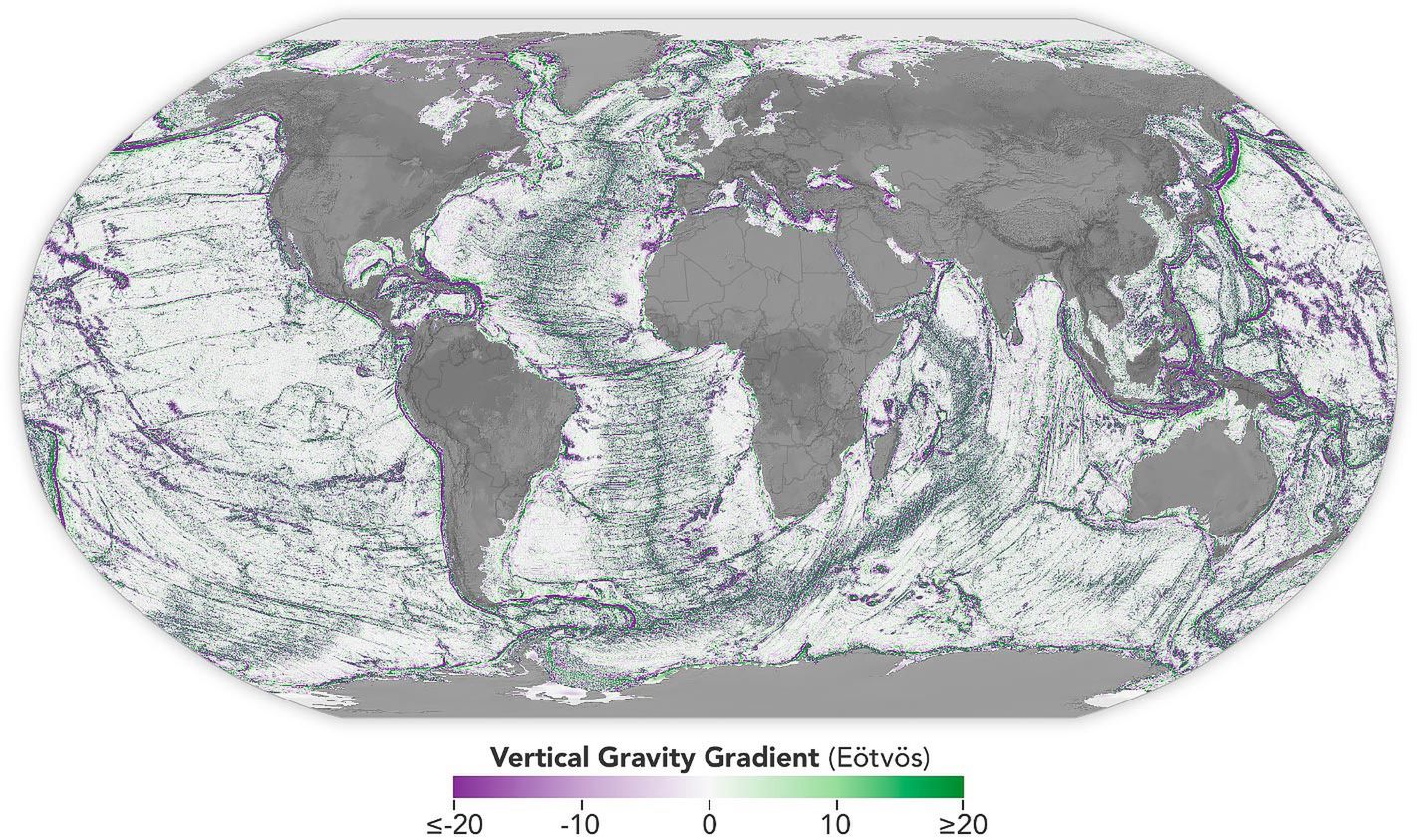 Globalna mapa cech dna morskiego opiera się na danych o wysokości oceanu z satelity SWOT. Fioletowy oznacza regiony, które są niższe w porównaniu z wyższymi cechami, takimi jak wierzchołki morskie i wzgórza otchłani, przedstawione na zielono. (Eitves jest jednostką miary dla danych opartych na grawitacji wykorzystywanych do tworzenia tych map).
