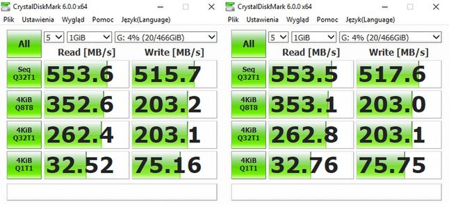 Samsung T5 - wyniki w CrystalDiskMark 6.0.0