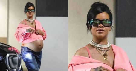 Obwieszona perłami i zlotem Rihanna odsłania nagi brzuch w ZAAWANSOWANEJ CIĄŻY