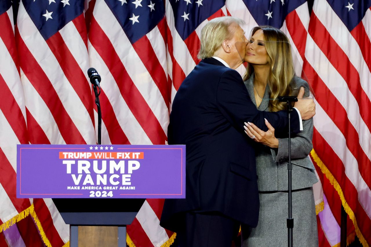 Former US President Donald Trump, left, and former First Lady Melania Trump during an election night event at the Palm Beach Convention Center in West Palm Beach, Florida, US, on Wednesday, Nov. 6, 2024. Trump is on the cusp of recapturing the White House, projected as the winner across pivotal swing states with his party set to control the Senate and markets swinging in expectation of his possible victory. Photographer: Eva Marie Uzcategui/Bloomberg via Getty Images