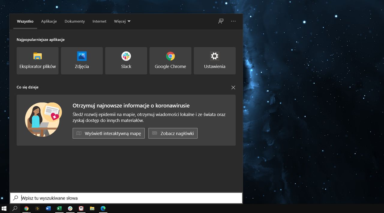Windows 10 i koronawirus: nowy baner w systemowej wyszukiwarce