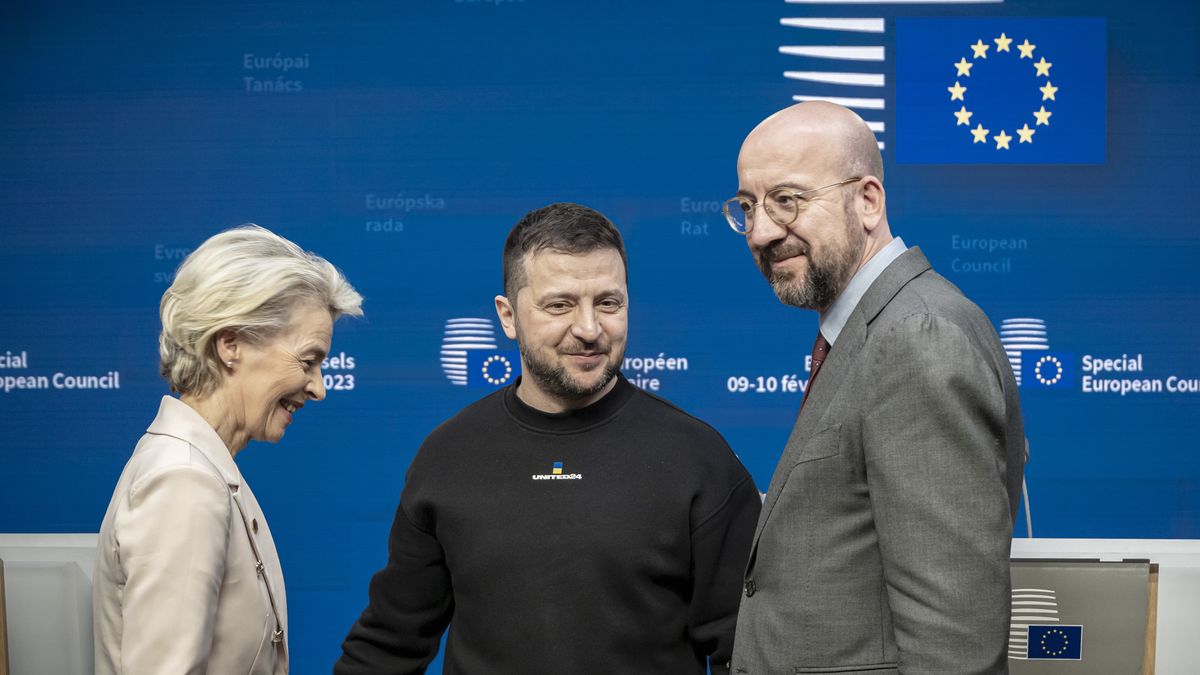 Volodymyr Oleksandrovych Zelenskyy the President of Ukraine (C) as seen with Charles Michel president of the EUCO (R) and Ursula von der Leyen President of the European Commission (L) united holding their hands together and smiling following the end of the joint press conference with statements, talking and answering questions from journalists from international media, after the meeting with the European Leaders heads of states. All three of them chanted ''Slava Ukraini'' translated as Glory to Ukraine, the national Ukrainian salute known as symbol of Ukrainian sovereignty and resistance to foreign aggression. Ukrainian President Zelenskiy attends the EU Leaders Summit, the European Council at the headquarters in Brussels. Zelensky pleads to the allies to deliver combat fighter jet planes to Ukraine. His presence in Brussels was followed after a short trip in London and Paris. Brussels,  Belgium on February 9, 2023 (Photo by Nicolas Economou/NurPhoto via Getty Images)