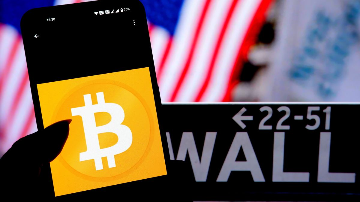 In this photo illustration, a Bitcoin Logo seen displayed on
INDIA - 2024/04/07: In this photo illustration, a Bitcoin Logo seen displayed on a smartphone with the Wall Street - New York Stock Exchange logo in the background. (Photo Illustration by Avishek Das/SOPA Images/LightRocket via Getty Images)
SOPA Images
wall street, logos, brand, online, smartphone, cellphone, phone, device