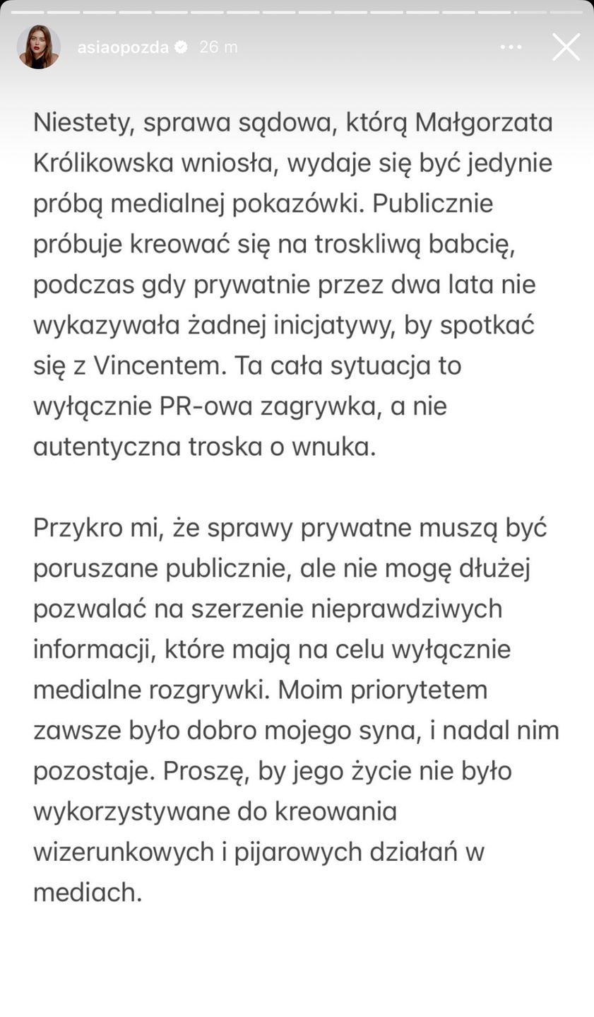 Opozda reaguje na proces, jaki wytoczyła jej teściowa
