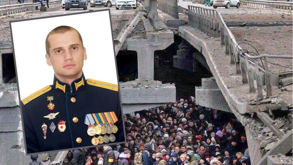 Ludność chroniąca się pod mostem w Irpieniu/ dowódca Stanisław Stenin