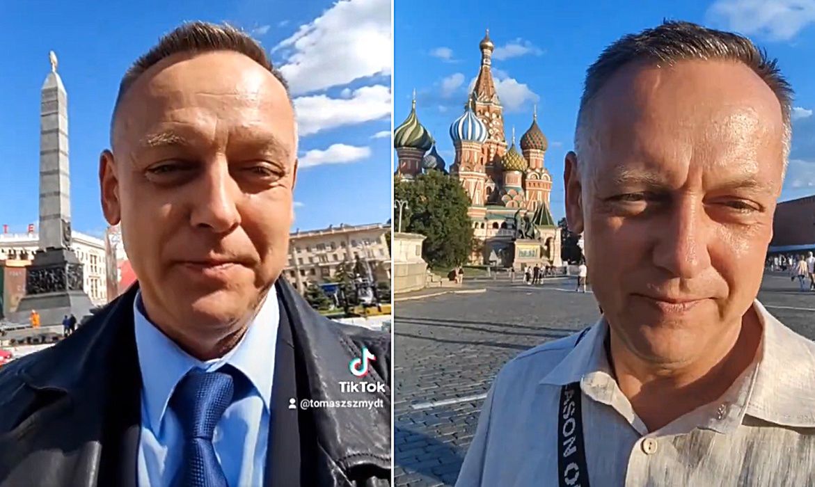 Tuż po ucieczce z Polski były sędzia-zdrajca Tomasz Szmydt zaczął wyrażać ogólny zachwyt nad Białorusią (zdjęcie z lewej z Mińska), a później z Rosji (zdjęcie z prawej z Placu Czerwonego w Moskwie)