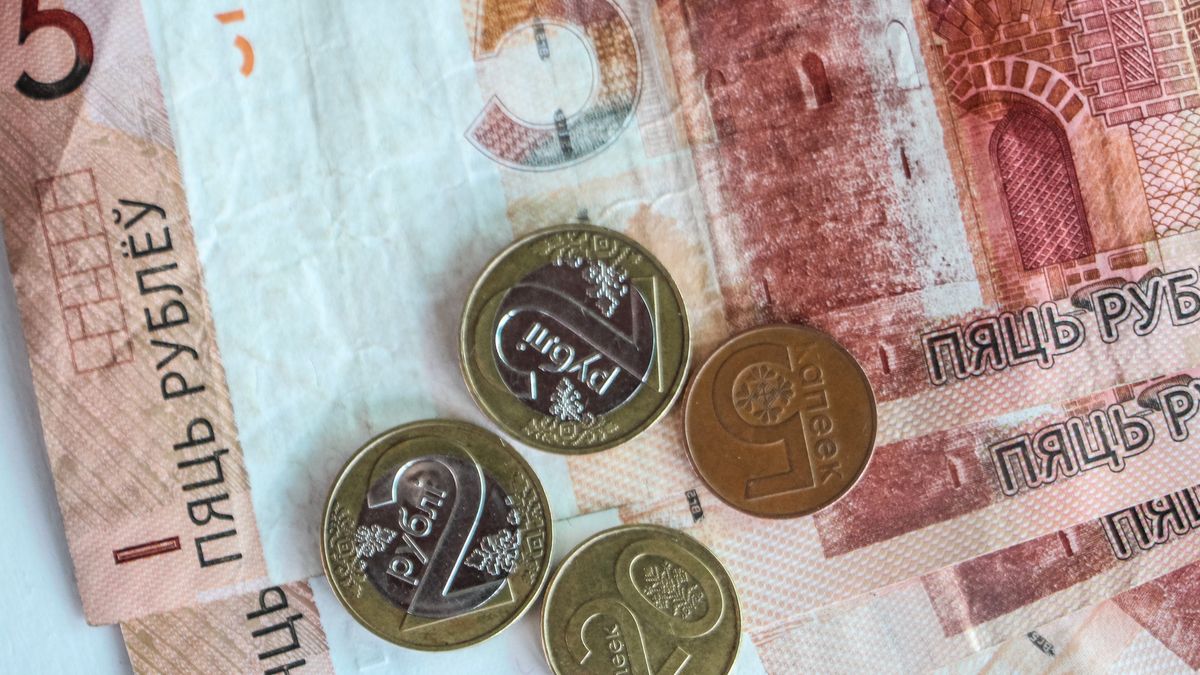 This photo illustration show The Belarusian ruble or rouble (BYN), the official currency of Belarus banknotes and coins are seen in Grodno, Belarus on 1 September 2019  (Photo by Michal Fludra/NurPhoto via Getty Images)