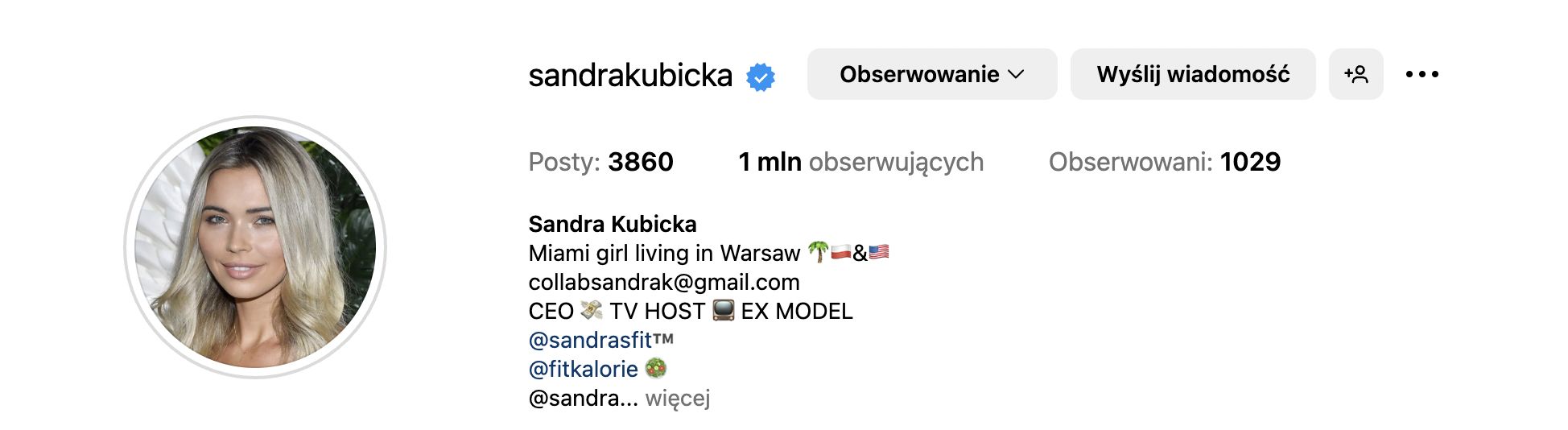Sandra Kubicka zmieniła nazwisko w swoim biogramie na IG
