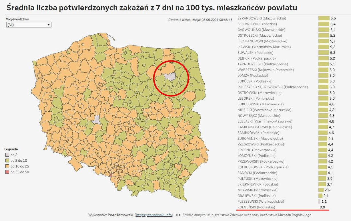 Koronawirus w Polsce. Mapa wskaźnika zakażeń na 100 tys. mieszkańców