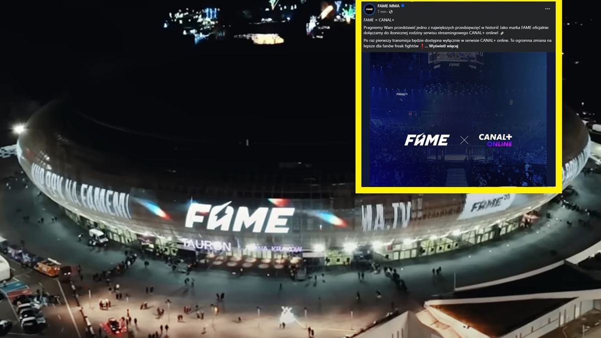 Na zdjęciu: arena gali Fame MMA, w ramce wpis organizacji