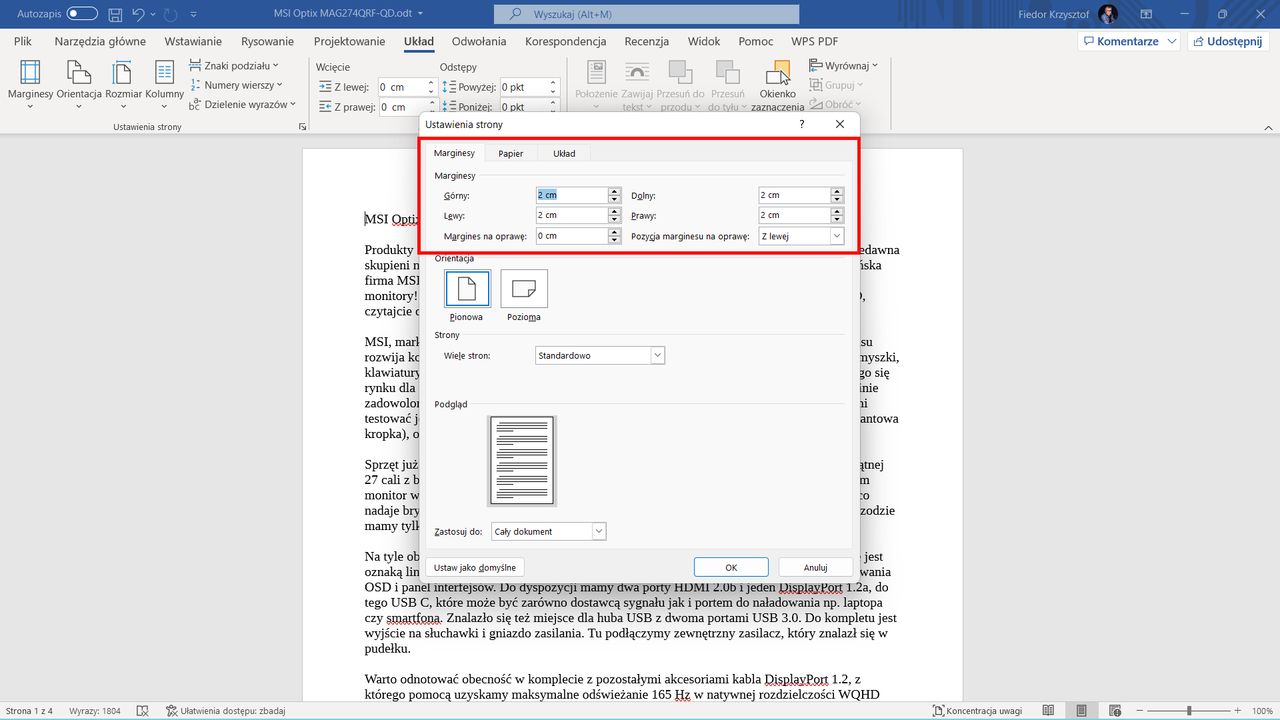 Microsoft Word: ustawiamy ręcznie szerokość marginesów