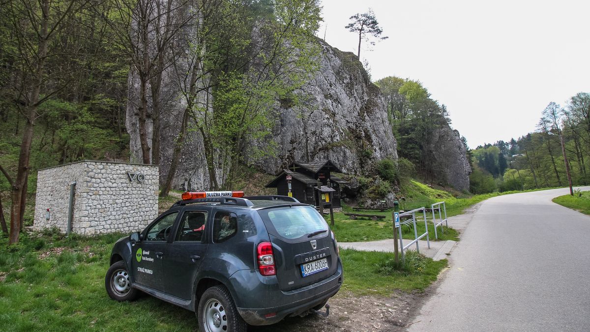 National Park Guard Dacia duster 4x4 SUV in front of rock formations in Ojcow National Park (Ojcowski Park Narodowy ) area are seen near Ojcow, Poland , on 3 May 2020  Ojcowski Park Narodowy is Poland's smallest national park, with area of 21.46 km2, located on the South of the country. (Photo by Michal Fludra/NurPhoto via Getty Images)