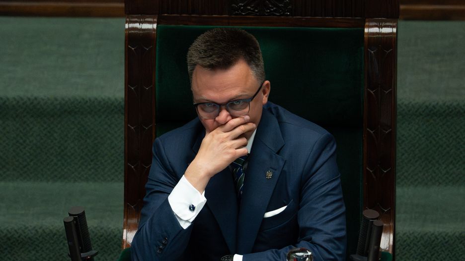 WARSAW, POLAND - 2025/06/11: Szymon Holownia, Marshal of the Sejm of the, Republic of Poland seen during day of parliamentary session. During the 36th session of the Polish Sejm, Prime Minister Donald Tusk outlines his government's program in a policy address, followed by a parliamentary debate ahead of the vote of confidence in his administration. (Photo by Marek Antoni Iwanczuk/SOPA Images/LightRocket via Getty Images)