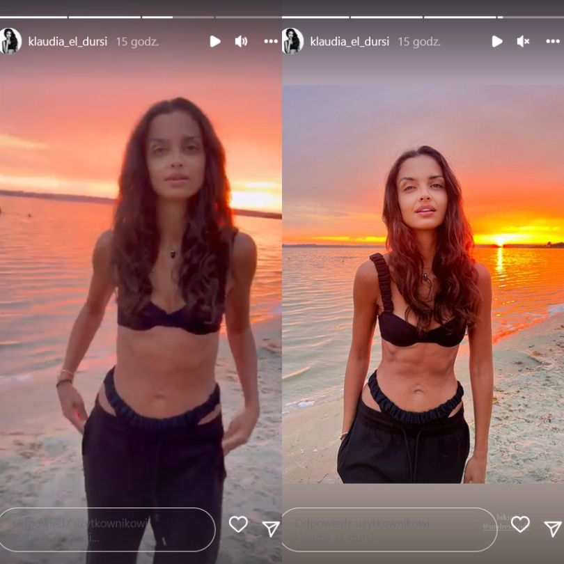 Klaudia El Dursi spaceruje po plaży w osobliwej stylizacji